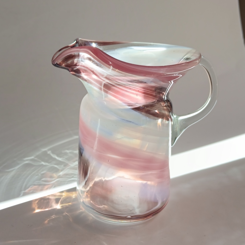 Vintage Pink,borwn and Clear Handblown Glass Pitcher